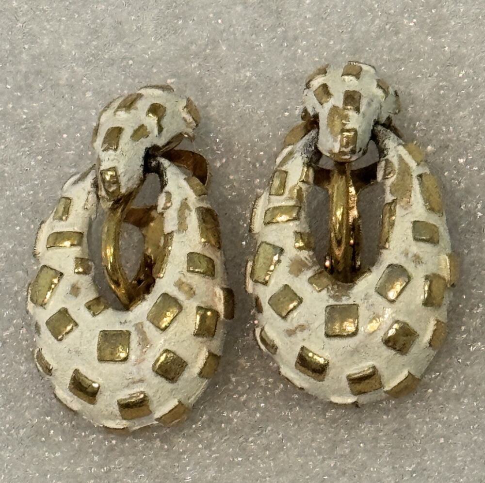 Vintage Signed Coro White Enamel Gold Tone Checkerboard Clip On Earrings